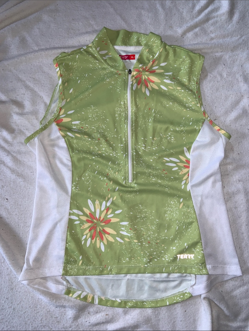 Terry zinnia Cycling Jersey XL sleeveless green with orange flowers White panels